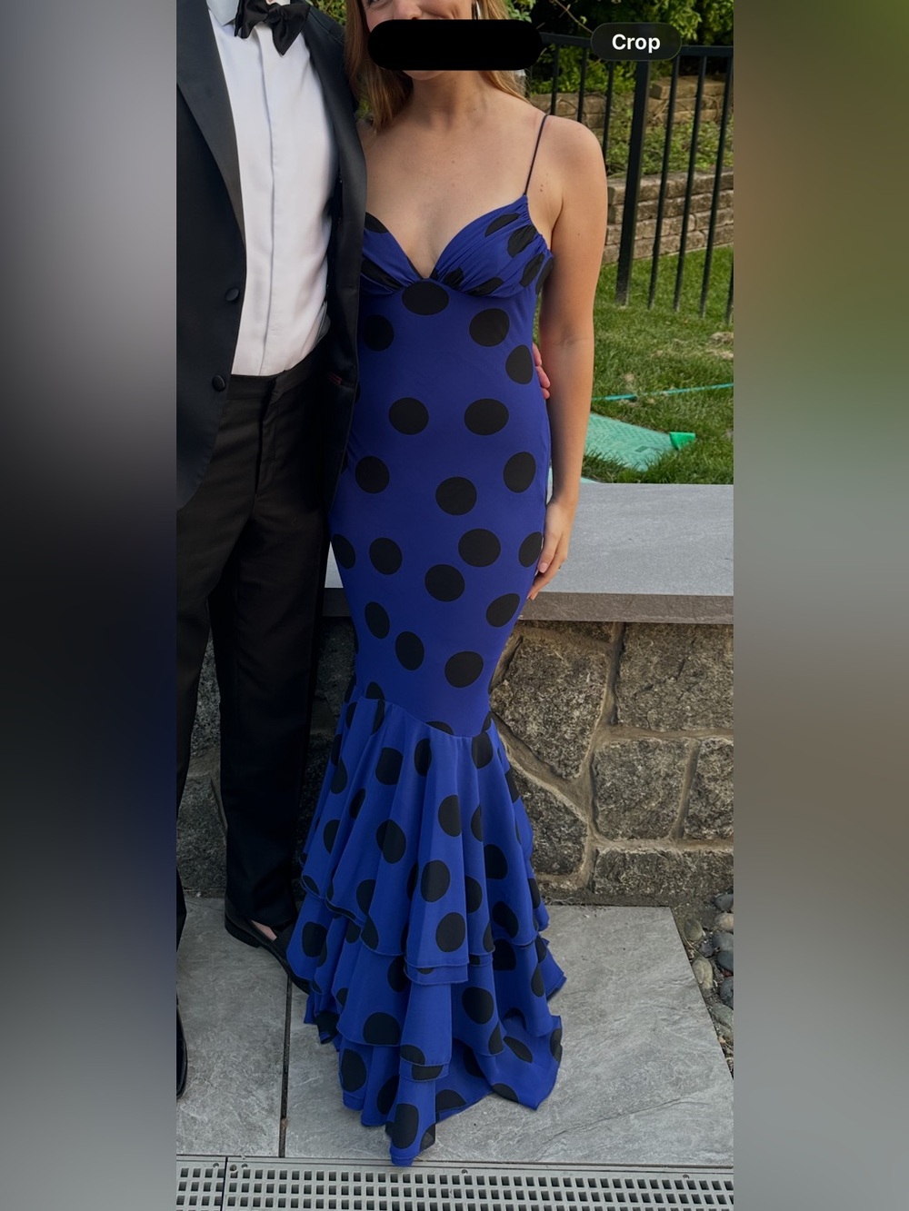 Zara Blue and ack Polka Dot Ruffle-Hem Gown
